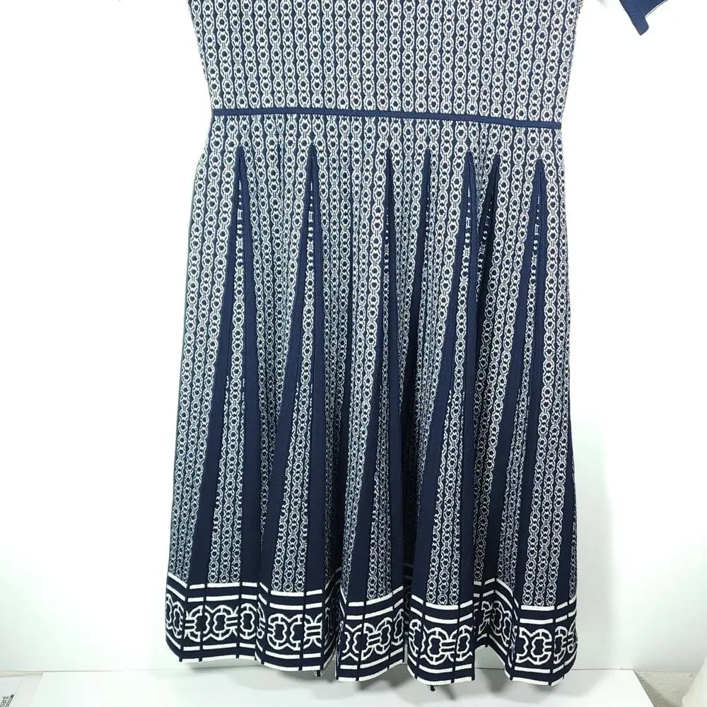 Tory Burch Gemini Link Small Knit Navy Jacquard Pleated Polo Dress NO BELT
